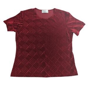 Vintage Gemilli Top L Red Burnout Velvet Textured Shirt Made USA Stretch 90s